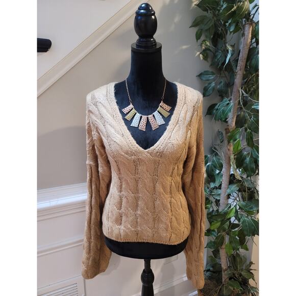Double Zero Cable Knit Sweater Women's M Beige V-Neck Long Sleeve Pullover - Picture 1 of 9